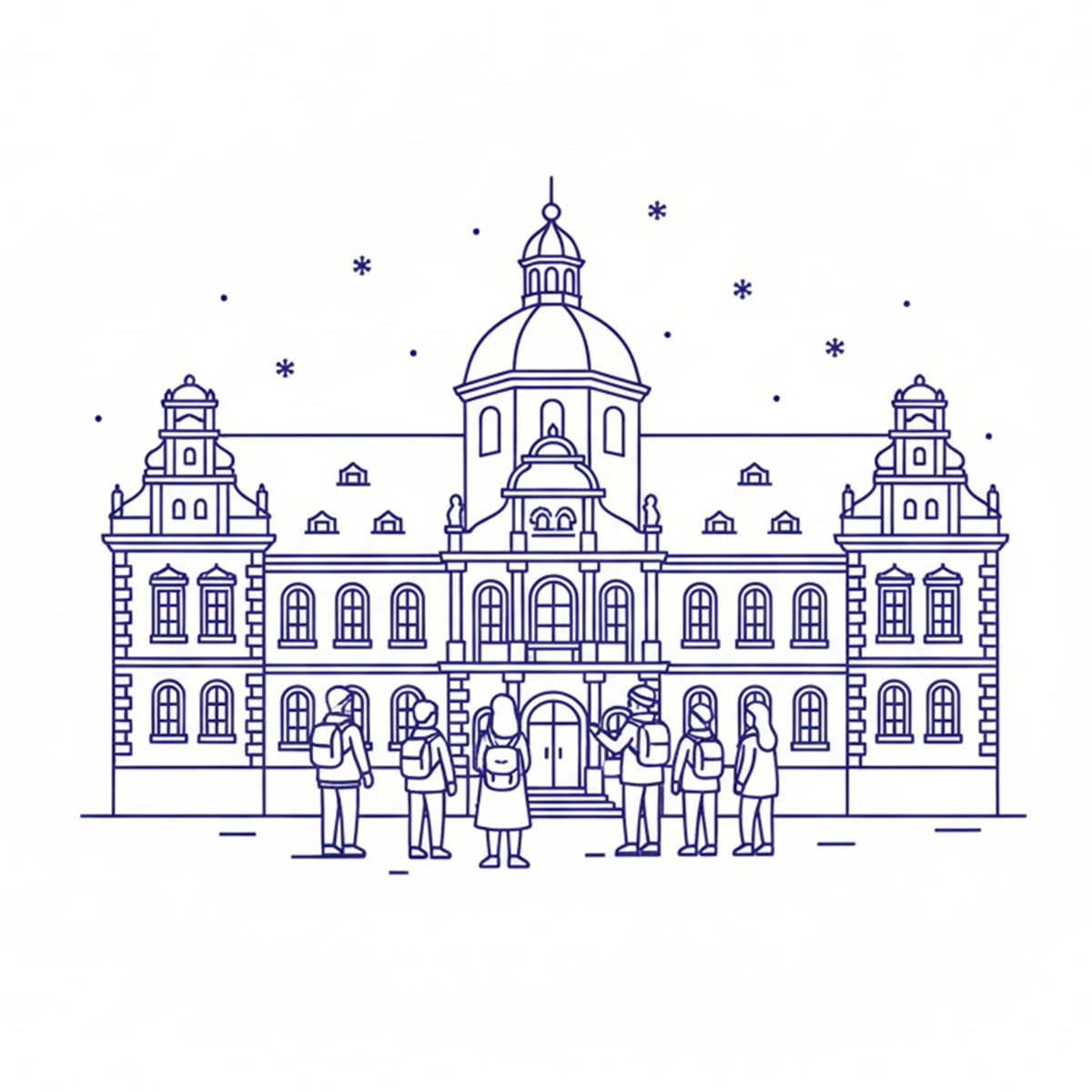 Illustration einer Gruppe von Menschen, die vor einem historischen Gebäude in Meißen steht, mit winterlichen Details und Schneeflocken in der Luft.