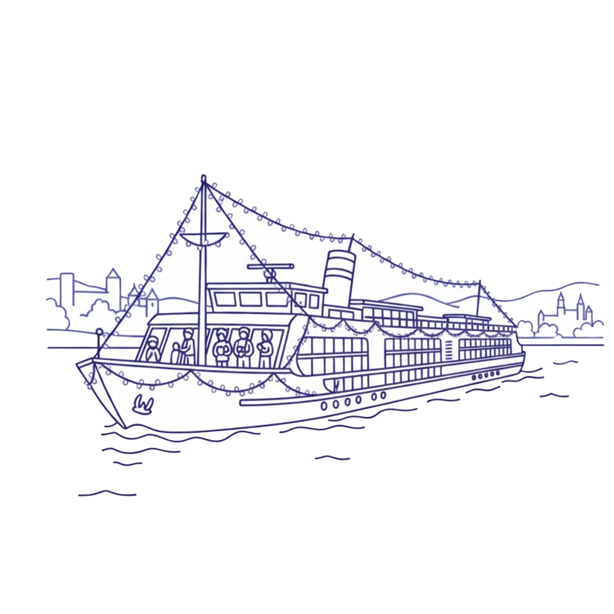 Eine blaue Strichzeichnung zeigt ein festlich beleuchtetes Ausflugsschiff mit Passagieren an Bord, das auf einem Fluss fährt, im Hintergrund eine Stadtsilhouette.
