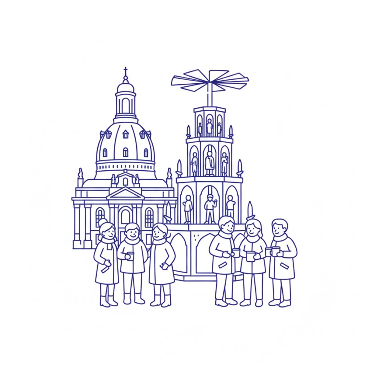 Illustration von Menschen, die auf einem Weihnachtsmarkt in Dresden zusammen Glühwein trinken, mit der Frauenkirche und einer großen Weihnachtspyramide im Hintergrund.