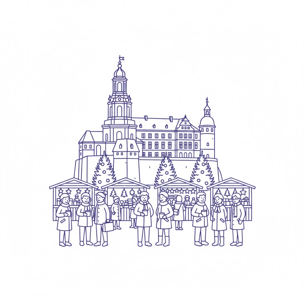 Eine blaue Strichzeichnung zeigt einen Weihnachtsmarkt mit Buden und Besuchern, die Glühwein trinken, vor der Kulisse der Wartburg.