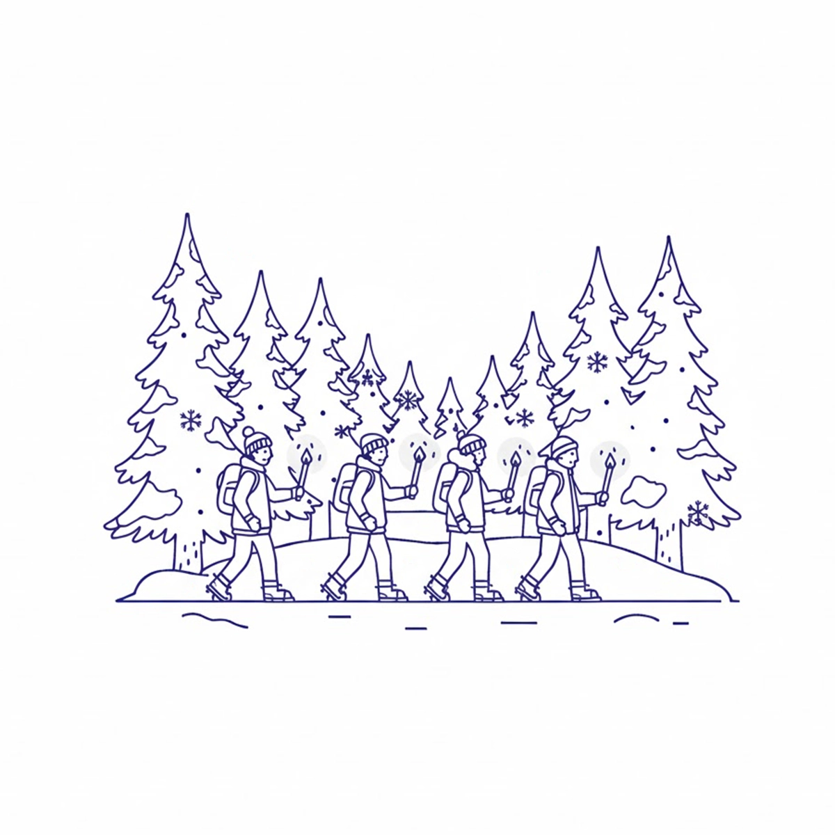 Illustration von vier Wanderern mit Rucksäcken und Fackeln, die durch einen verschneiten Wald mit Tannenbäumen gehen.