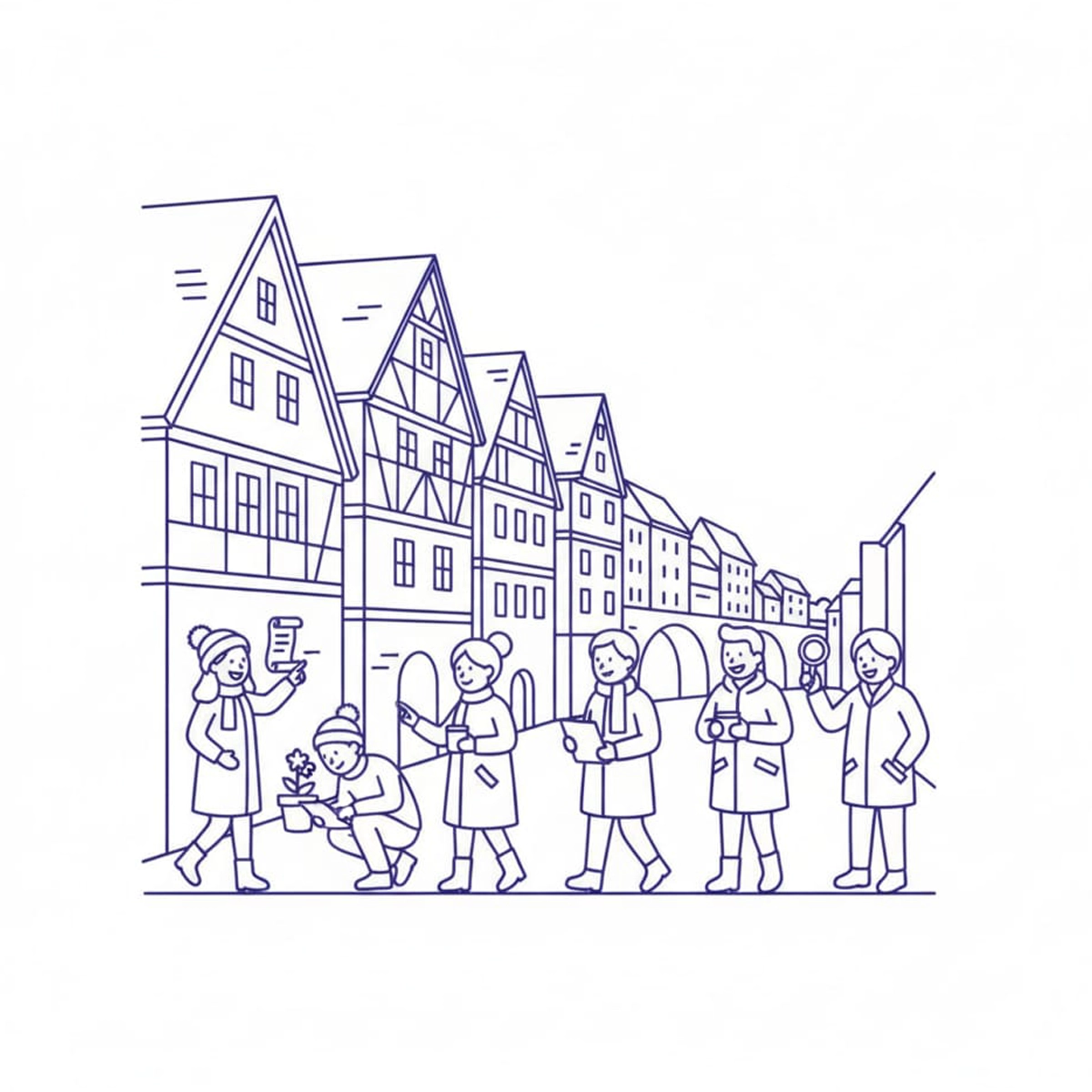 Eine blaue Strichzeichnung zeigt sechs Personen in Winterkleidung, die mit Klemmbrettern, Kamera und Lupe eine Schnitzeljagd vor einer Kulisse aus Fachwerkhäusern veranstalten.