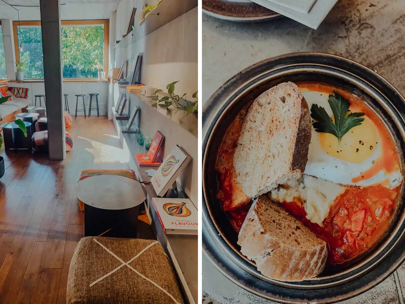 Moderne Innenansicht der Bauart Tagesbar in Waldkirch mit hellem Holz und Sitzgelegenheiten für Gruppen sowie eine Nahaufnahme eines Frühstückstellers mit Ei und Brot.