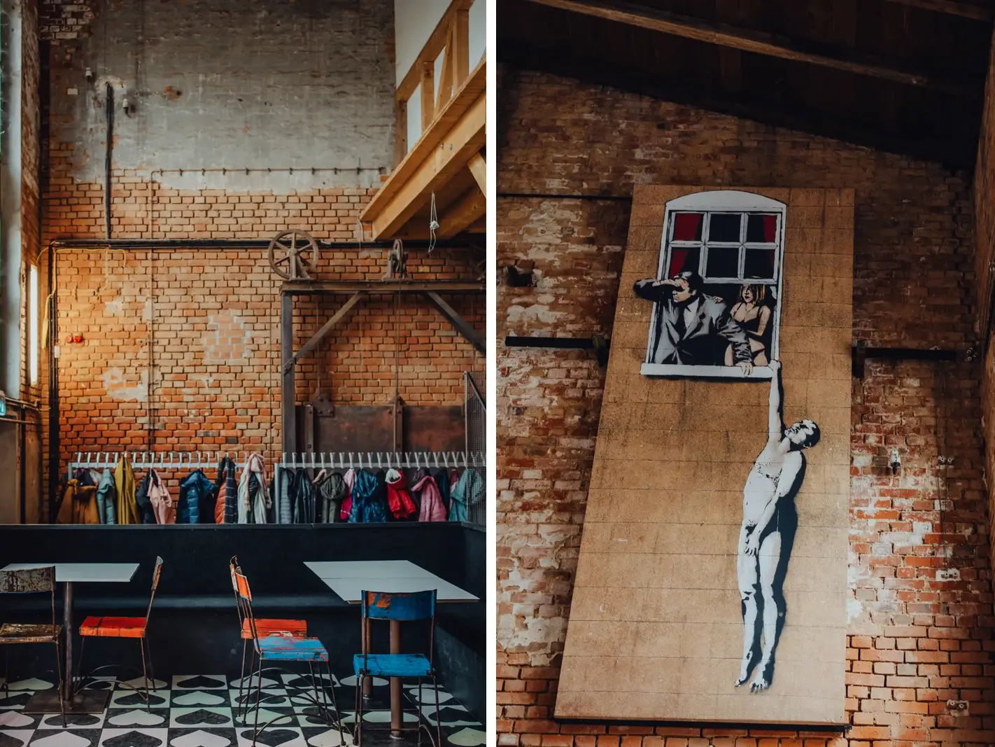 Industriekultur im Kunstkraftwerk Leipzig mit rohen Backsteinwänden und Vintage Möbeln sowie ein großformatiges Kunstwerk an der Wand.