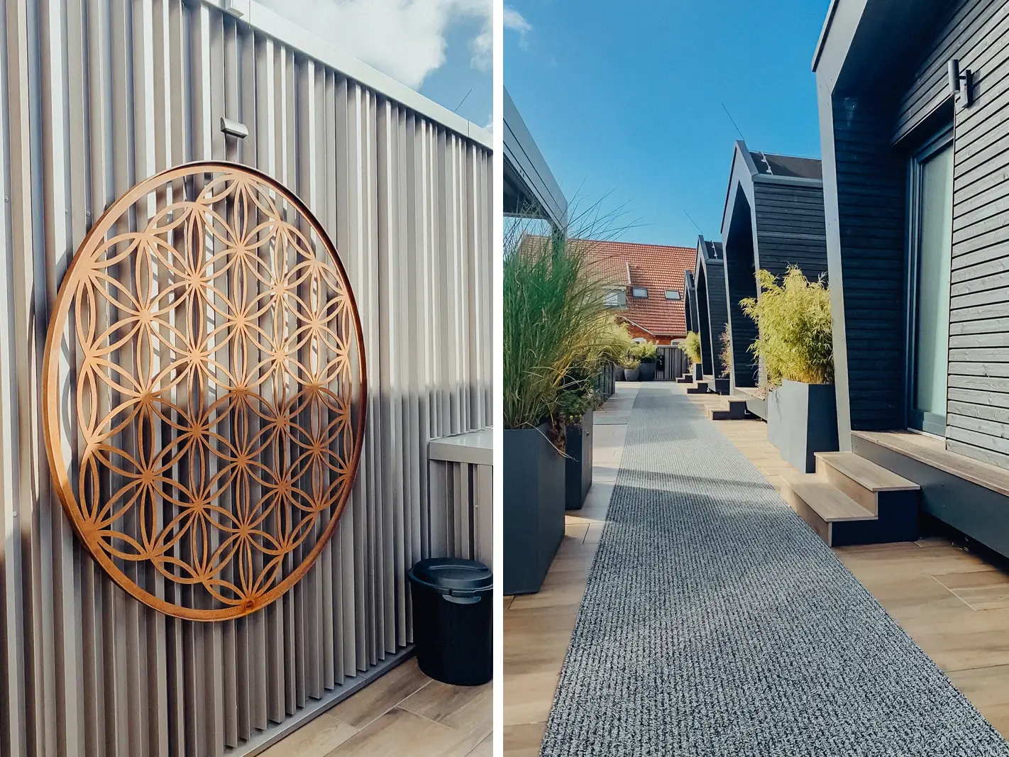 Außenansicht der modernen Wohneinheiten im Tinysky Resort Nordhausen mit Holzhäusern sowie ein rundes Ornament an einer Metallwand.